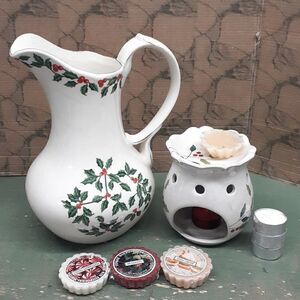 Christmas Holly and Berry bundle of pitcher and Yankee candle melter
